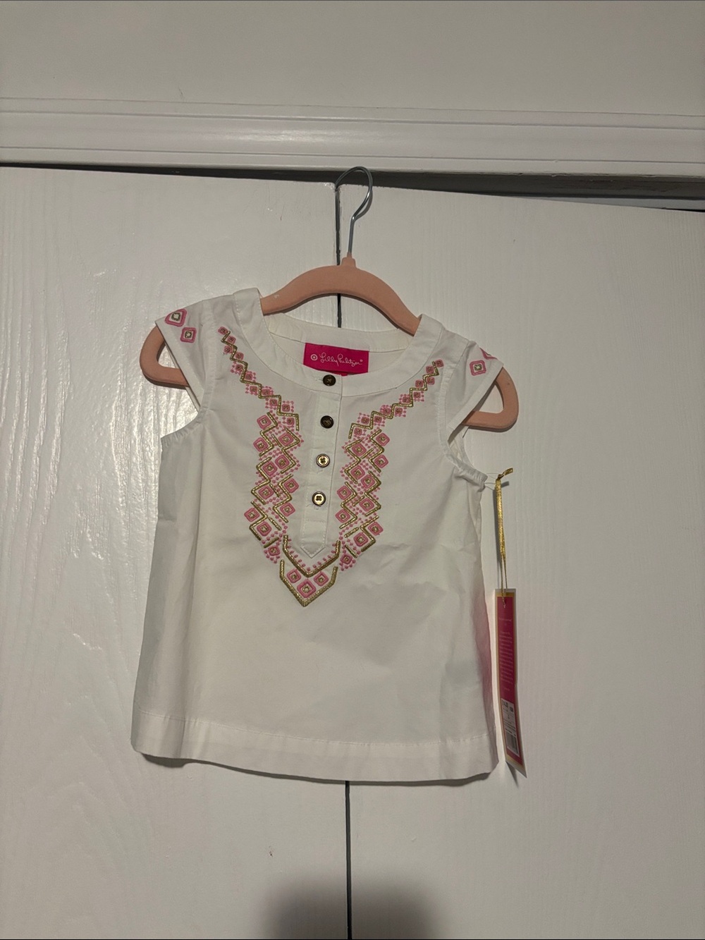 Lilly Pulitzer White Sleeveless Embroidered Top with Pink & Gold Detail
